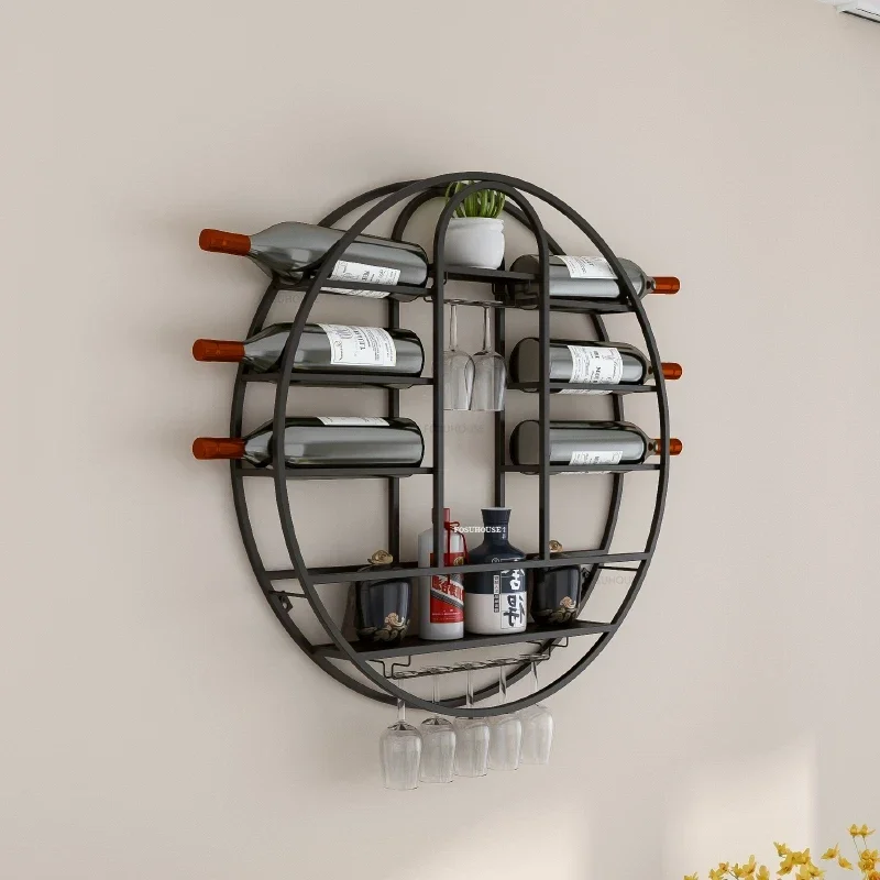 Nordic Round Wall-mounted Wine Rack Home Storage Rack with Wine Glass Holder Modern Bar Furniture Luxury Gold Iron Cabinets