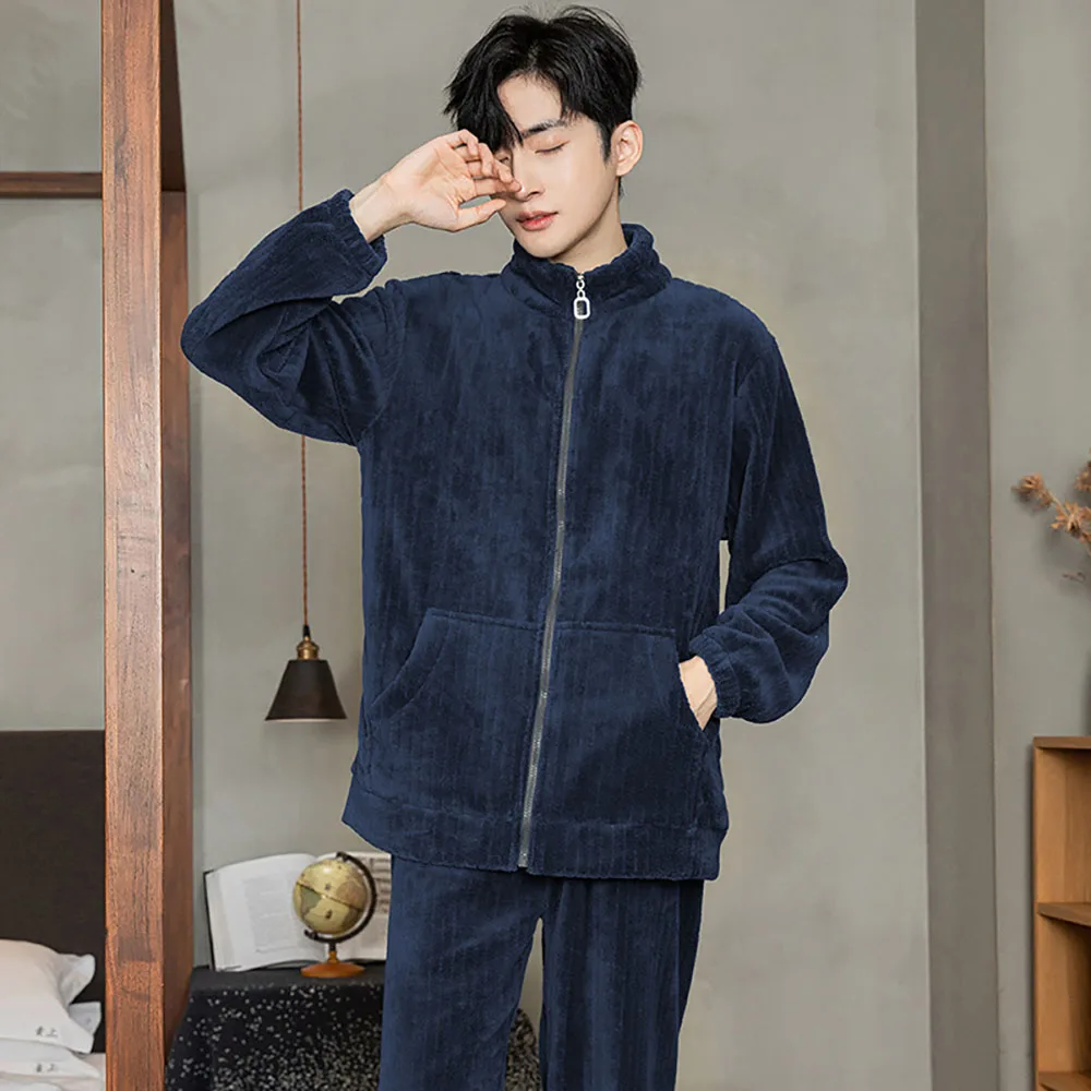 Winter Flannel Thick Stand-up Collar Zipper Homewear Set For Men Women Oversized Coral Velvet Cardigan Solid Warm Outside Pajama