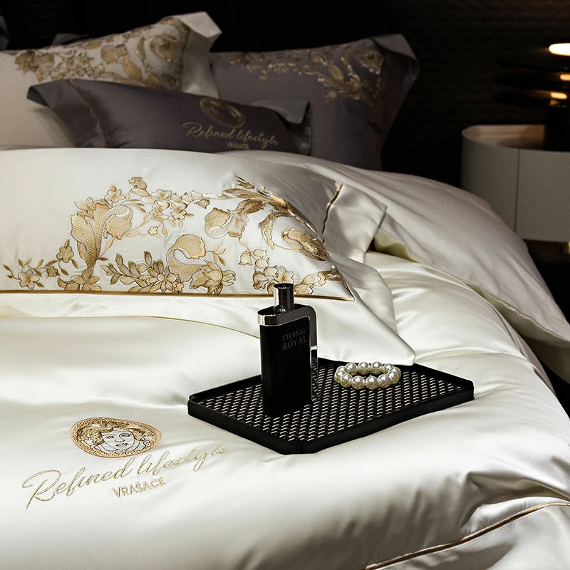 Gorgeous Gold Embroidery Brocade Egyptian Cotton Soft Glossy Bedding Set Duvet Cover Set Bed Sheet/Fitted Sheet Pillowcases 4Pcs 6