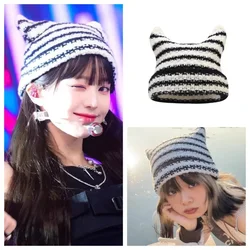 2023 Korean Wave New Jang Wonyoung Same White Knitted Hat Cat Ear Cover Headcap Warm Fashion Women's Hat