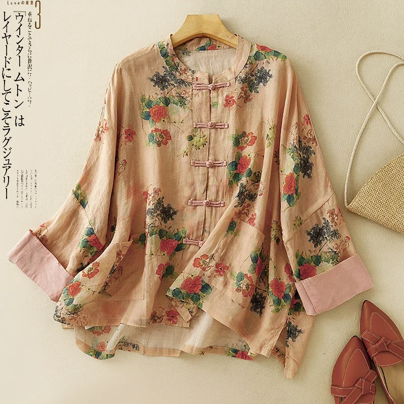 Chinese Style Print Women's Shirt Summer Cotton Linen Vintage Blouses Fashion Loose Clothing Short Sleeve Women Top 2024 Korean