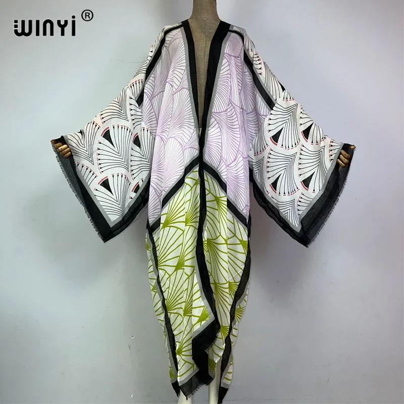 

WINYI 2023 kimono summer print kaftans beach cover ups for women Elegant Cardigan sexy Africa coat beach outfits long down dress