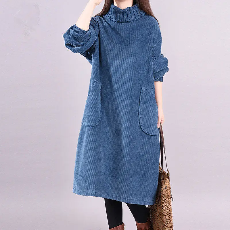 

Autumn and winter big size style corduroy thickened high neck dress medium long female fat mm loose inside skirt A-line dresses