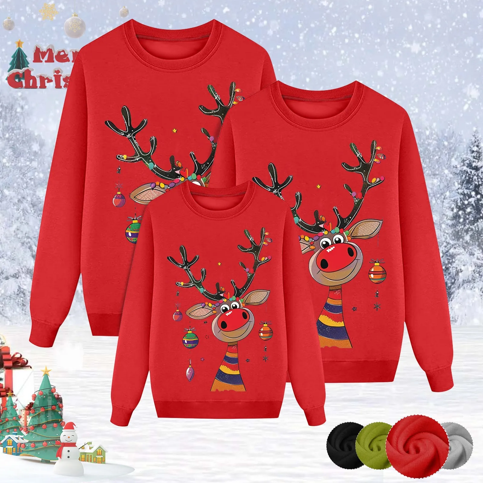 thumbnail image 2 of Pijamas navideños familiares informales con estampado de renos, sudaderas, tops, trajes a juego de manga larga para padres e hijos para otoño e invierno, 2 of 5