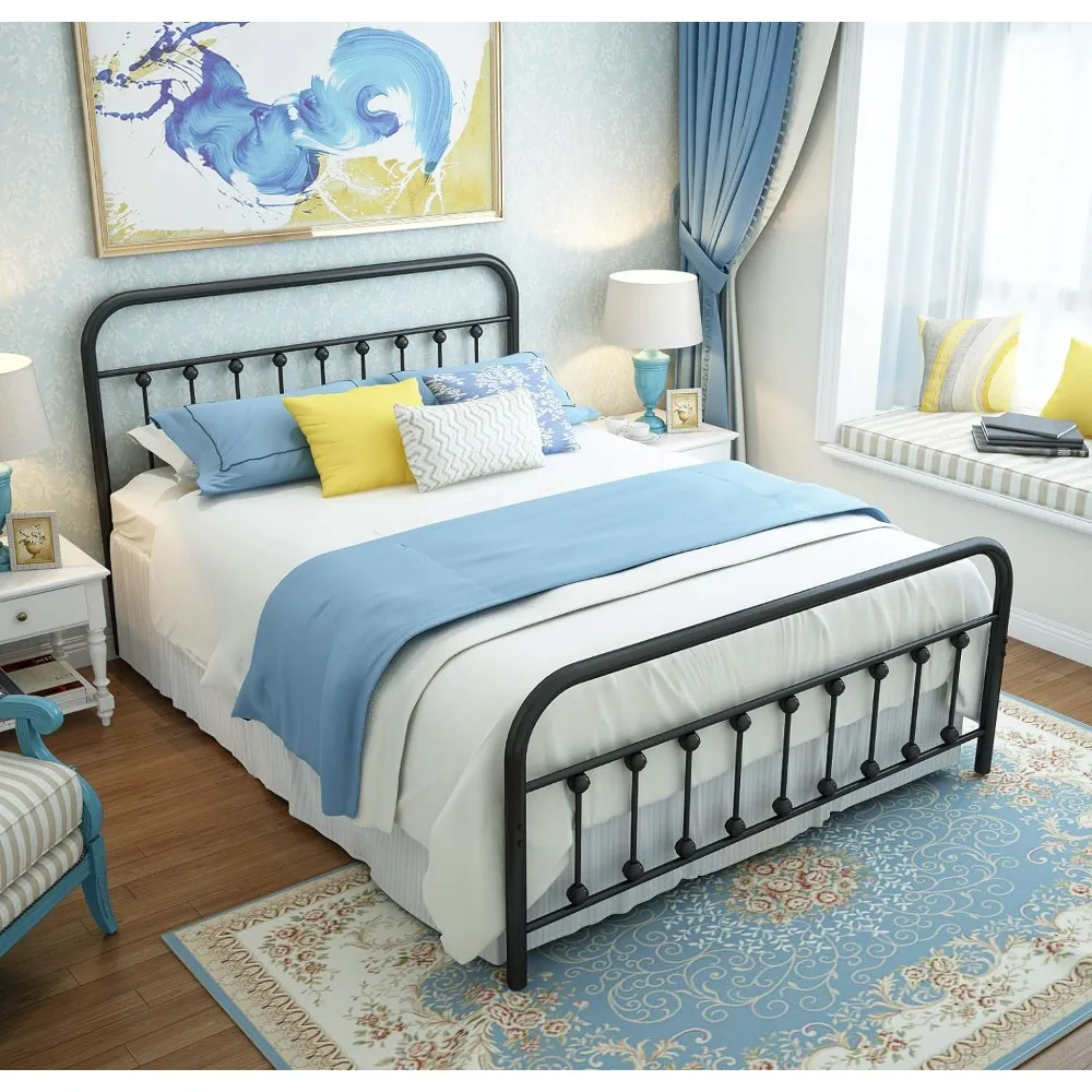 

Queen Platform Metal Bed Frame with Headboard and Footboard,Vintage Victorian Style Mattress Foundation,