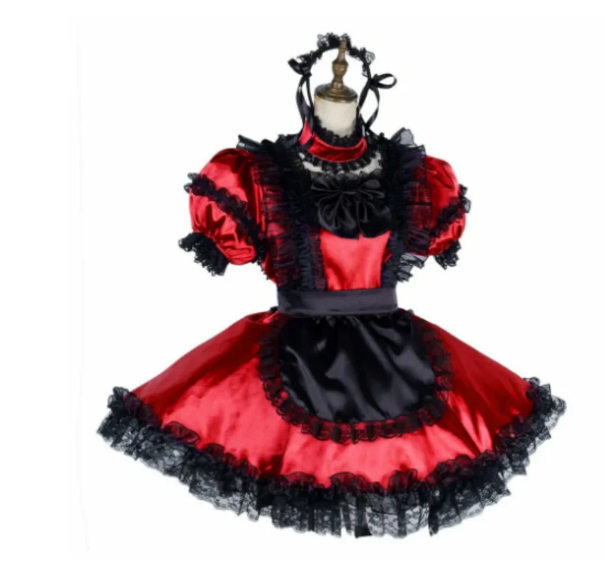 

French Sexy Adult Custom Fetishist Cross Dressing Sissy Dress with Fluffy Shoulders and a Scarf Lace Skirt with Lace Inlaid Lace