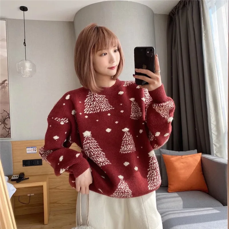 Suéter de árbol de Navidad nuevo, chaqueta de punto de estilo holgado y perezoso para mujer