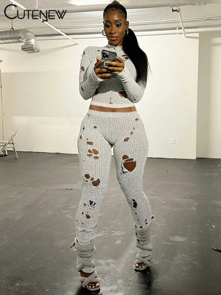 

Cutenew Women Hollow Out Stretchy Two Piece Set Sexy Knitted Long Sleeve Crop Top+Casual Sporty Pencil Pants Lady Tracksuits