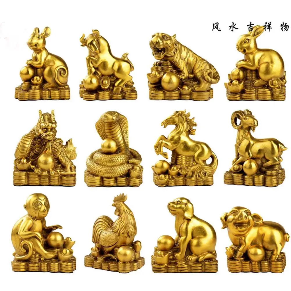 

TOP COOL Asia home propitious Ornament The 12 Chinese Zodiacs cow tiger dragon snake horse monkey dog FENG SHUI brass statue