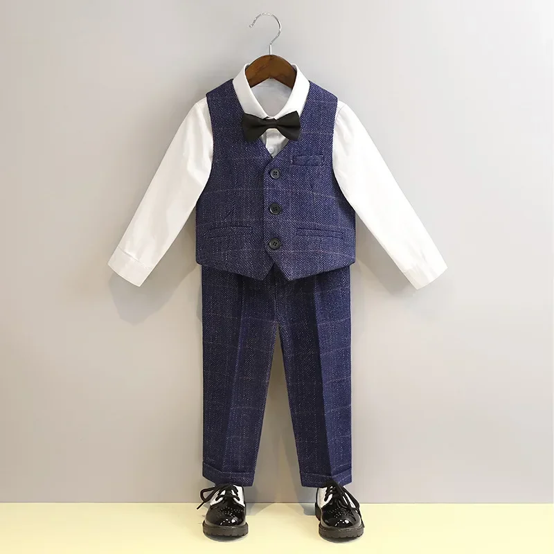 Summer School Uniform for Kids Handsome Boys Vest Suits Khaki Plaid Weddings Party Blazer Set 2-12 Y Chorus Performance Outfits