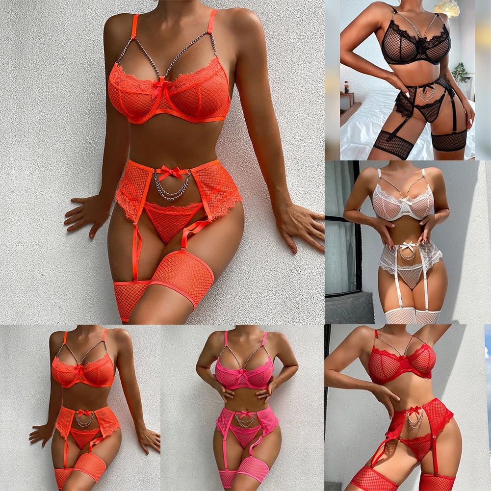 Women Sexy Lace Transparent Chain Porn Body Lingerie Exotic Bra + Thong + Suspender Leg Hoop Underwear Clothing Set 5Pcs