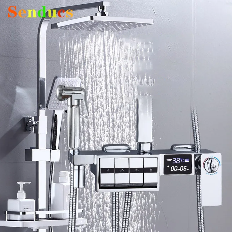 Chrome เปียโน Thermostatic ห้องน้ําระบบก๊อกน้ํา Senducs 12 นิ้วหัวฝักบัวร้อนเย็นดิจิตอลชุดฝักบัวอาบน้ํา 1
