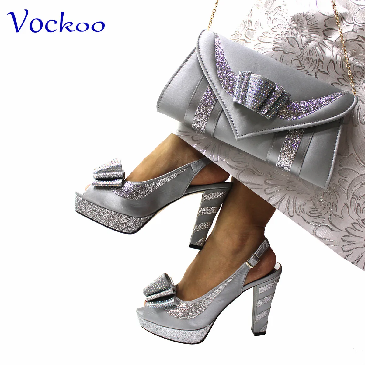 2023 Silver  Color New Design African Women Shoes and Bag Set Super High Heels for Garden Party