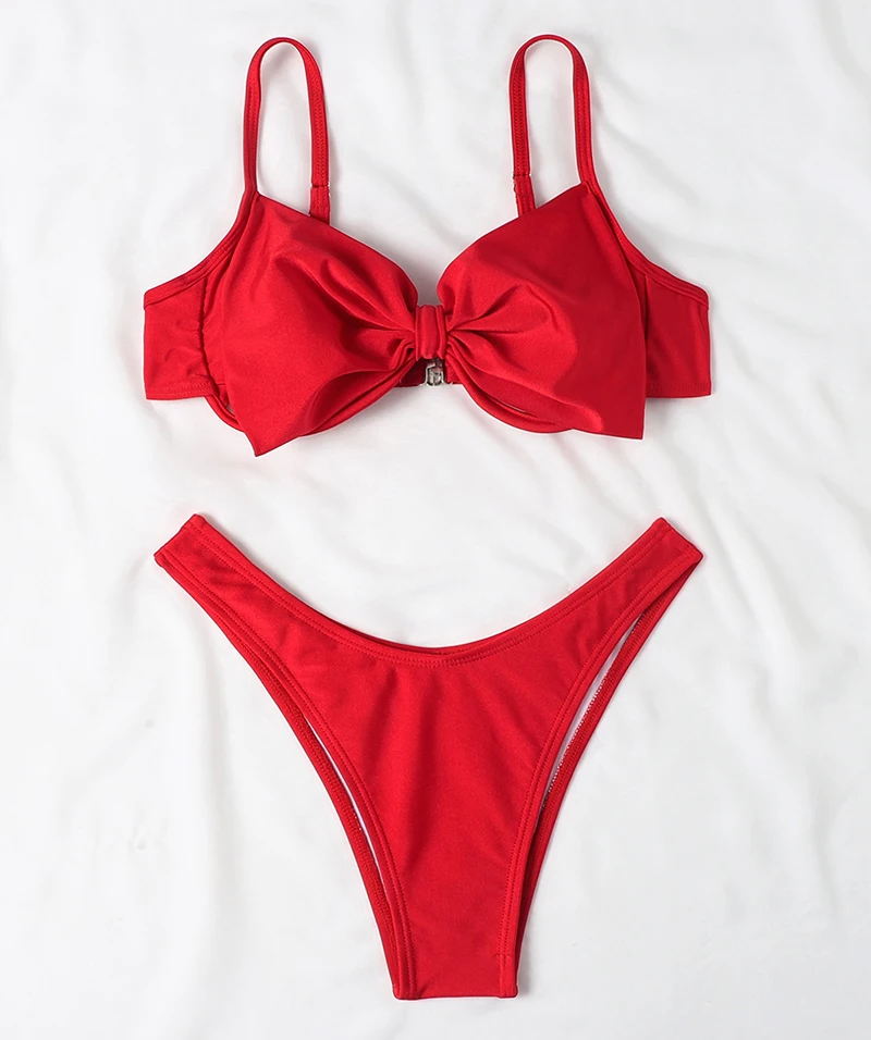 

2023 Two Pieces Sexy Bikini Sets Red Bow High Cut Women Swimsuits Sexy Thong Biquini Mujer Split Swimwear Bathers Bathing Suit