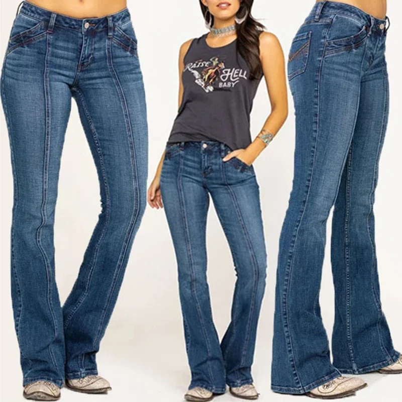 

Women's Fashion Slim Jeans Solid Color Comfortable Low Waist Elastic Bell Bottoms Y2K Casual Joker Wide-leg Pants Street Wear