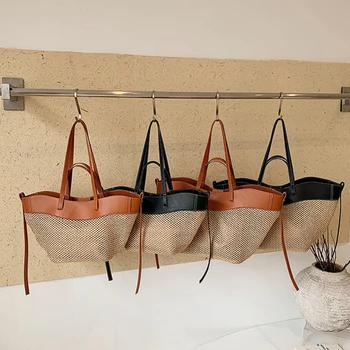 Woven Straw Handle Tote,Leather Trim Large Capacity Shoulder Bag,Bohemian Summer Beach Vacation Commute Handbag,French Elegant