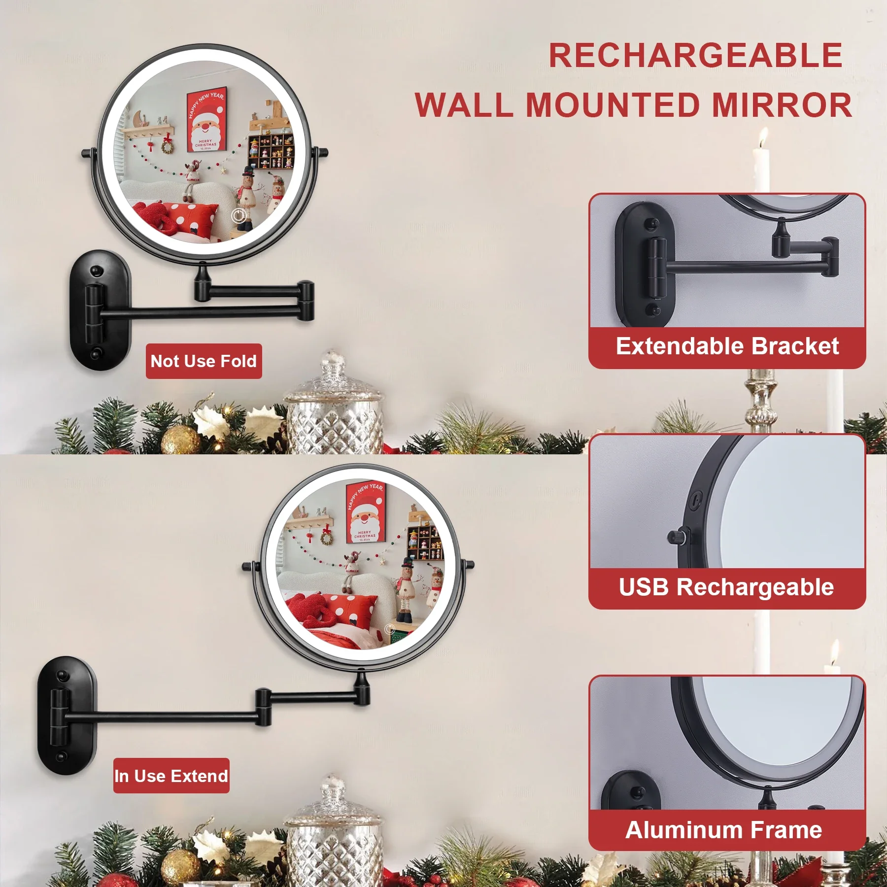 LED wall-mounted makeup mirror, foldable and retractable·no punching·double-sided mirror with light