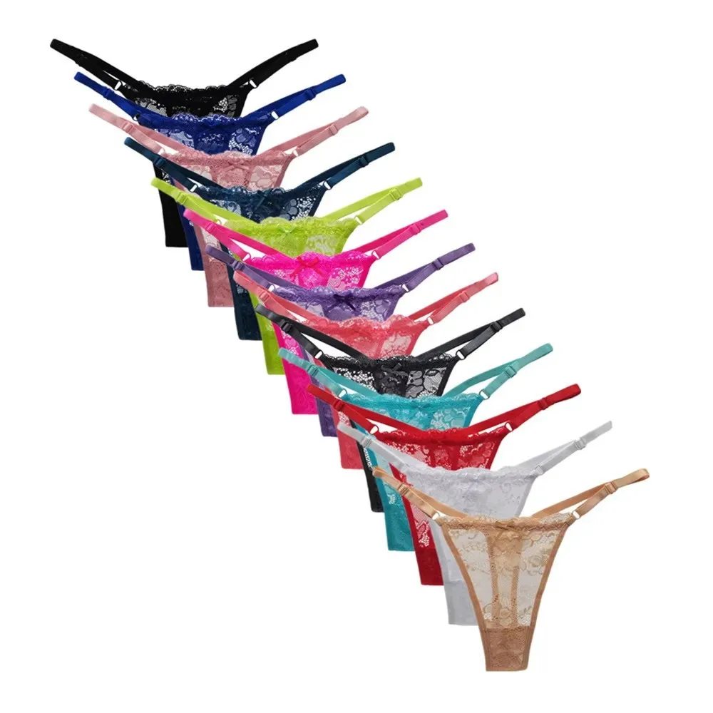 13PCS Adjustable Waist Jacquard Lace G-string Panties Women Low-Rise Perspective Mesh Thong Underwear Sexy Hot Ladies T-back 1