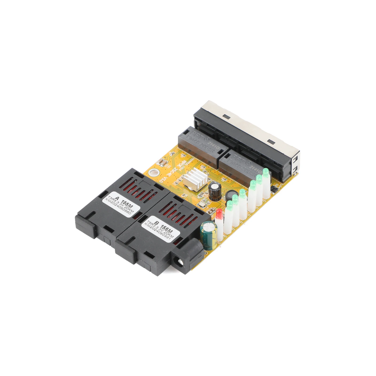 PCBA Board Fiber Optic Media Converter 100M 4 RJ45 to 2 SC A+B Optic Connector 1310nm/1550nm Ports 20KM Ethernet Switch Yellow