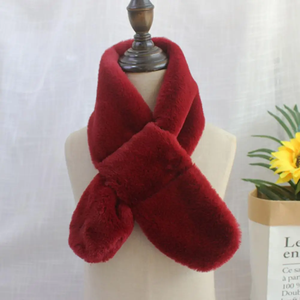 

Classic Plush Scarf Comfy Thermal Scarf Solid Color Winter Thickened Faux Rabbit Fur Plush Cross Scarf Coldproof