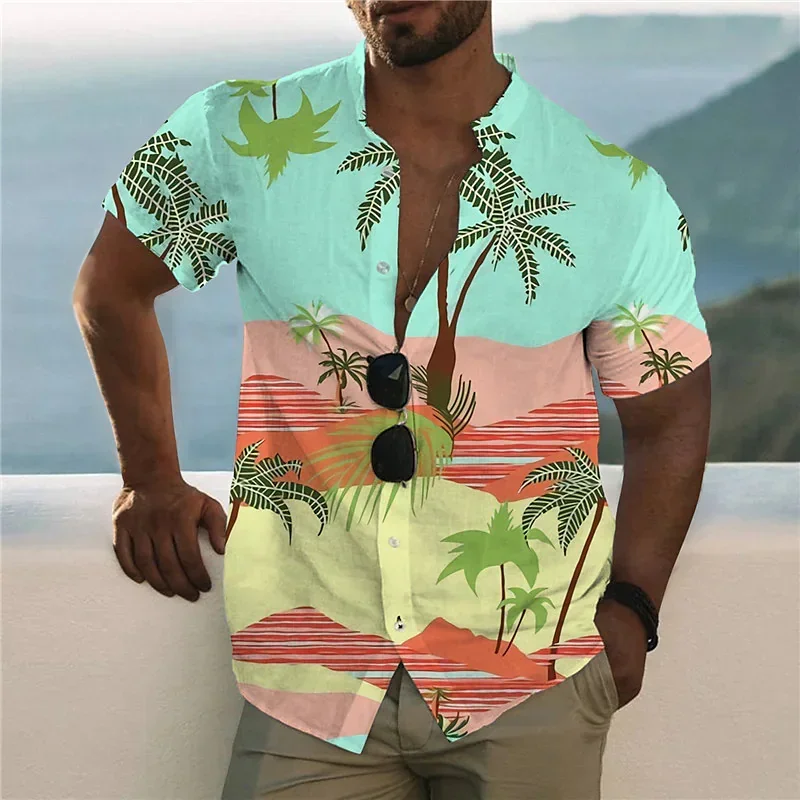 2024 Cotton Summer Shirts Men's Hawaiian Shirt Casual Fashion Street Short Sleeves Coconut Tree Beach Vacation Party Men's Shirt