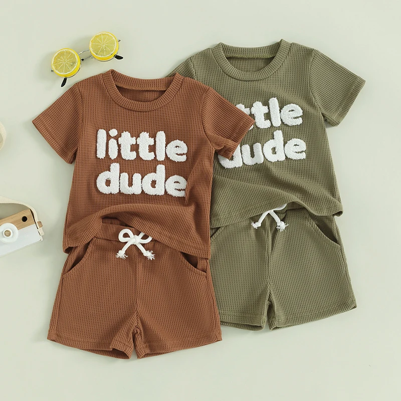 -01-02 Lioraitiin Toddler Boys Summer Outfit Sets Short Sleeve Letter Print Tops Solid Color Drawstring Shorts