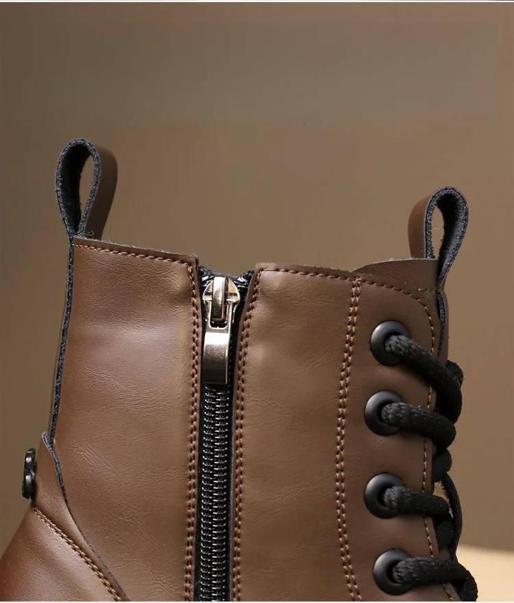 Fall/Winter Trendy Leather Round Toe Thick-soled Mid-range Boots Cyber Celebrity Street Shops Fashion Women's Shoes_voghion.com