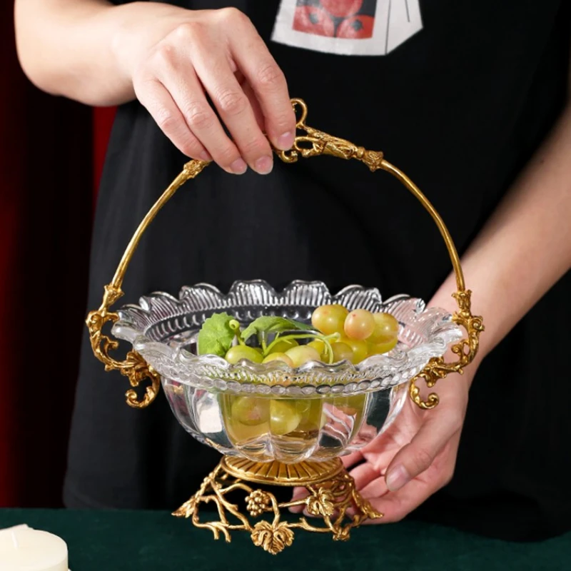 

Crystal with Copper Binaural Round Candy Tray Brass with Crystal Compote Fruit Bowl Craft Ornaments