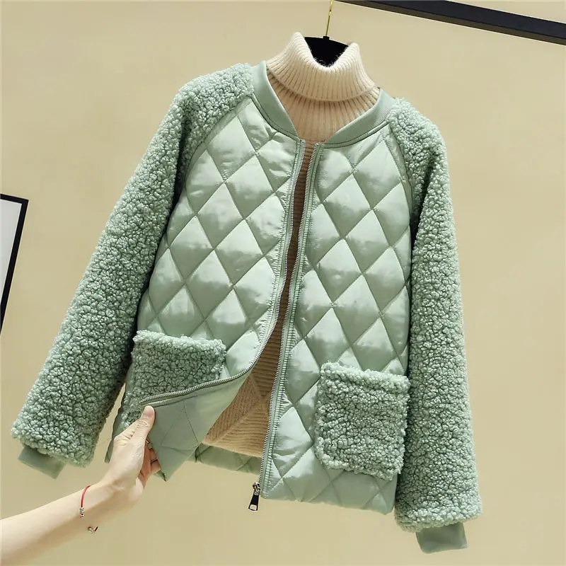 

Winter Women Padded Jacket Loose Lamb Wool Splicing Short Outwear Lightweight O Neck with Zipper Casual Fashion Coat