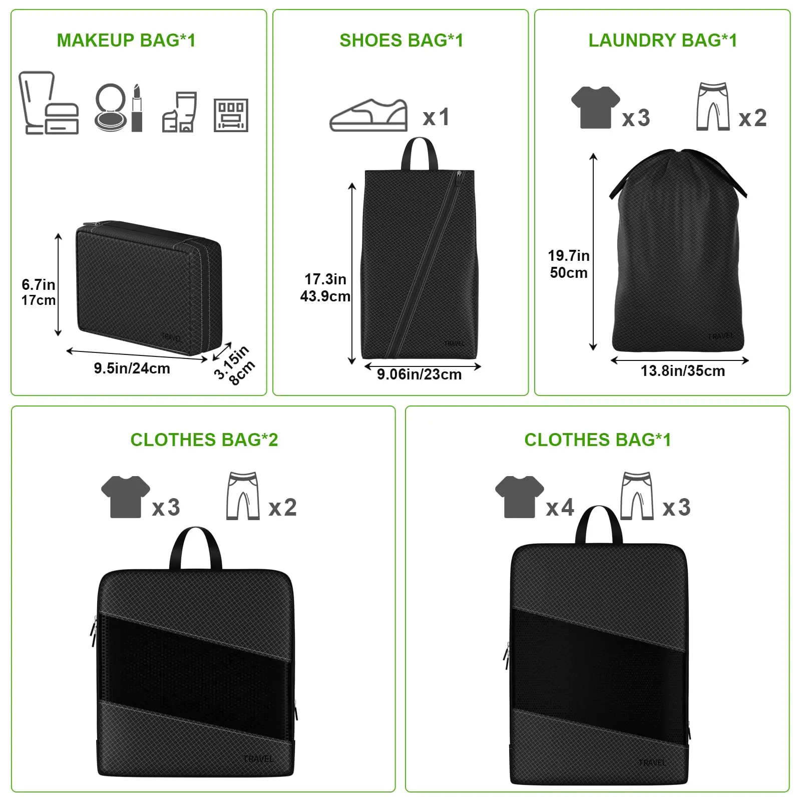 Set med komprimerbara packkuber för resor med skoväska_voghion.com