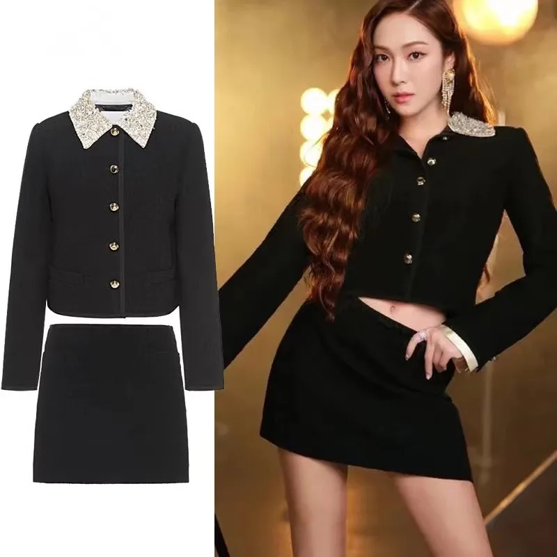 

High Quality Autumn Winter Woolen 2 Piece Set Luxury Women Diamonds Beaded Lapel Single Breasted Black Short Coat + Mini Skirts