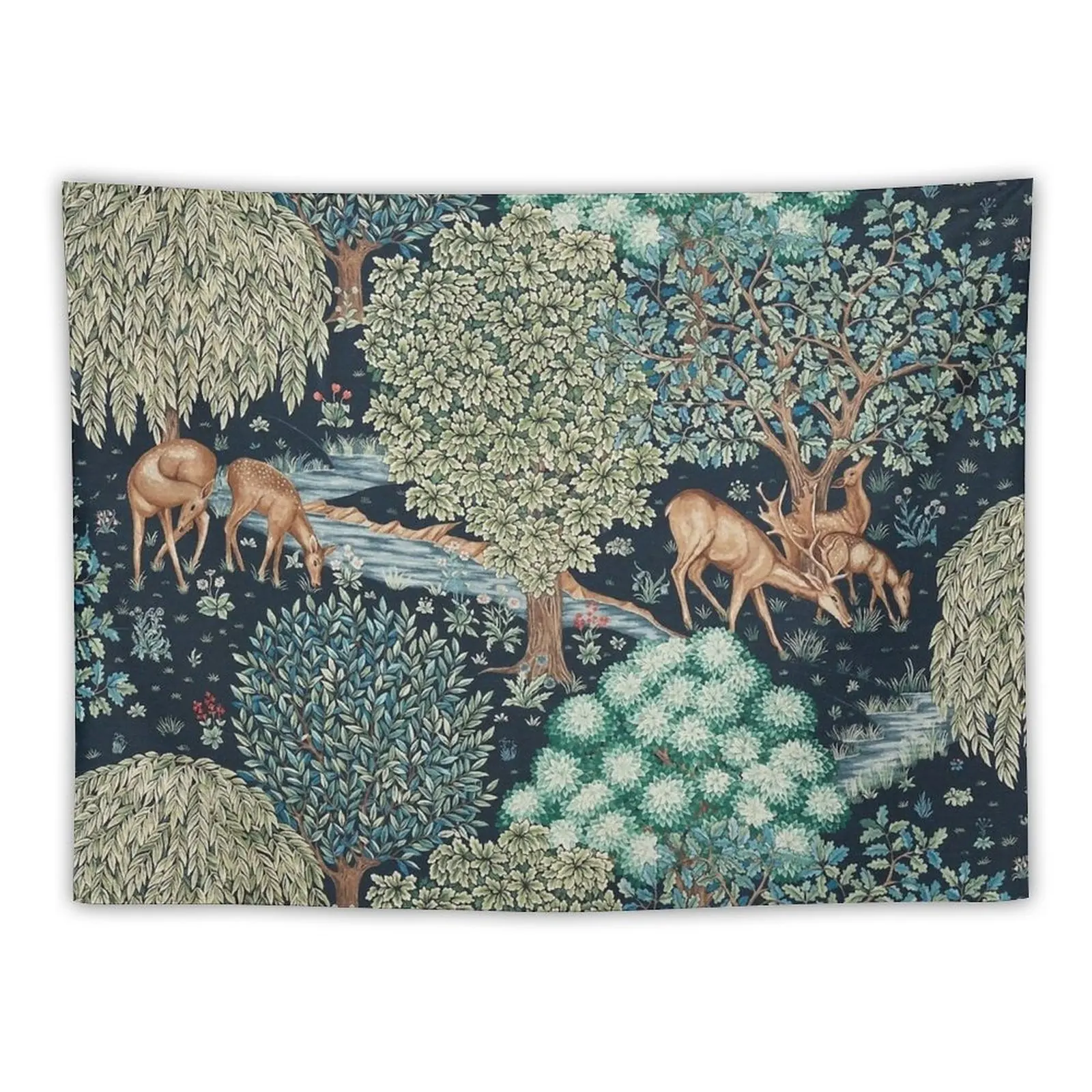 

FOREST ANIMALS, DEERS BY A BROOK Blue Green Floral Tapestry Home Decor Decoration Bedroom