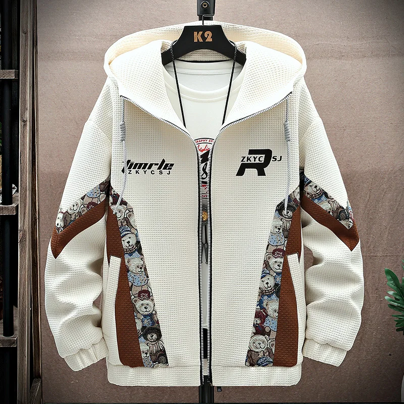 

Men Spring Autumn Tooling Jacket Hooded Technical Coat Print Patchwork Harajuku Vintage Fashion Outdoor Zipper Jacket