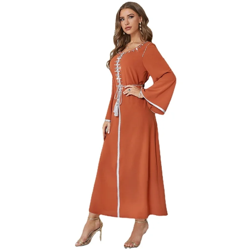 

Kaftan Arabic Long Dress Women Hand Sew Rhinestone Muslim Moroccan Party Caftan Saudi Gulf Jalabiya Ramadan Dubai Abaya Orange