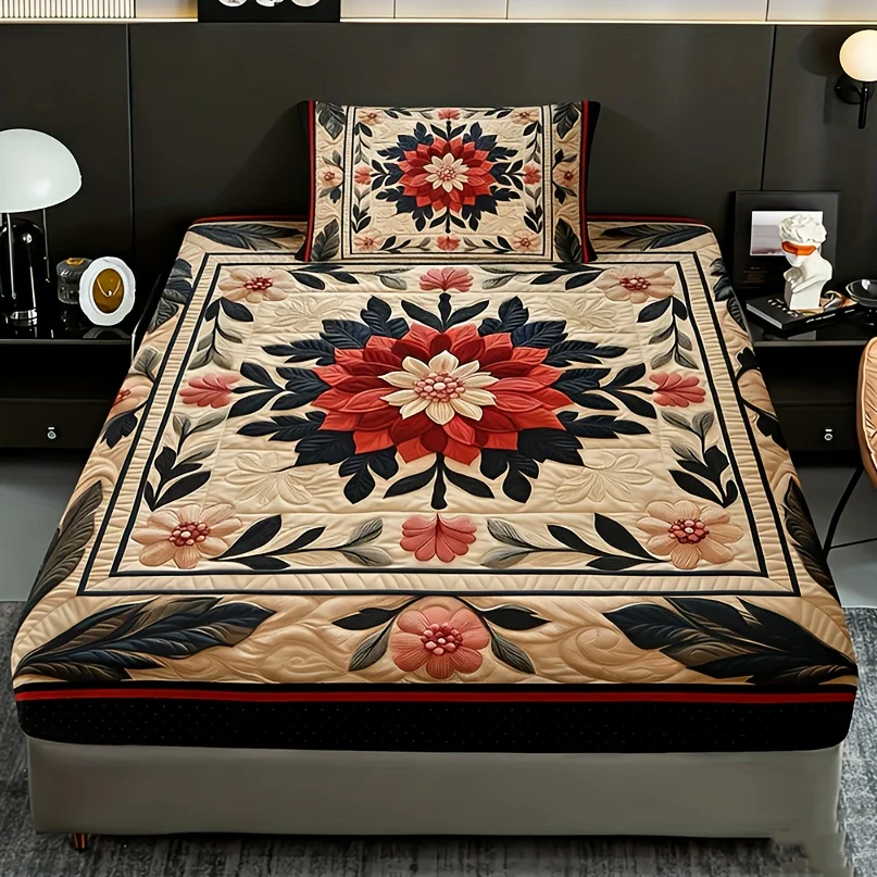 Exquisite Floral Print Fitted Sheet Set with 2 Pillowcases - High-Definition Printed Bed Sheets for Home And Dormitory