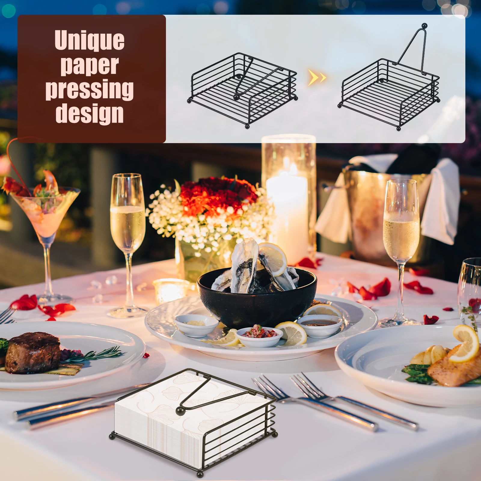 2Pcs New Flat Napkin Holder Metal Rustic Kitchen Napkin Holder Square Paper Dispensers with Adjustable Arm for Countertop Table 3