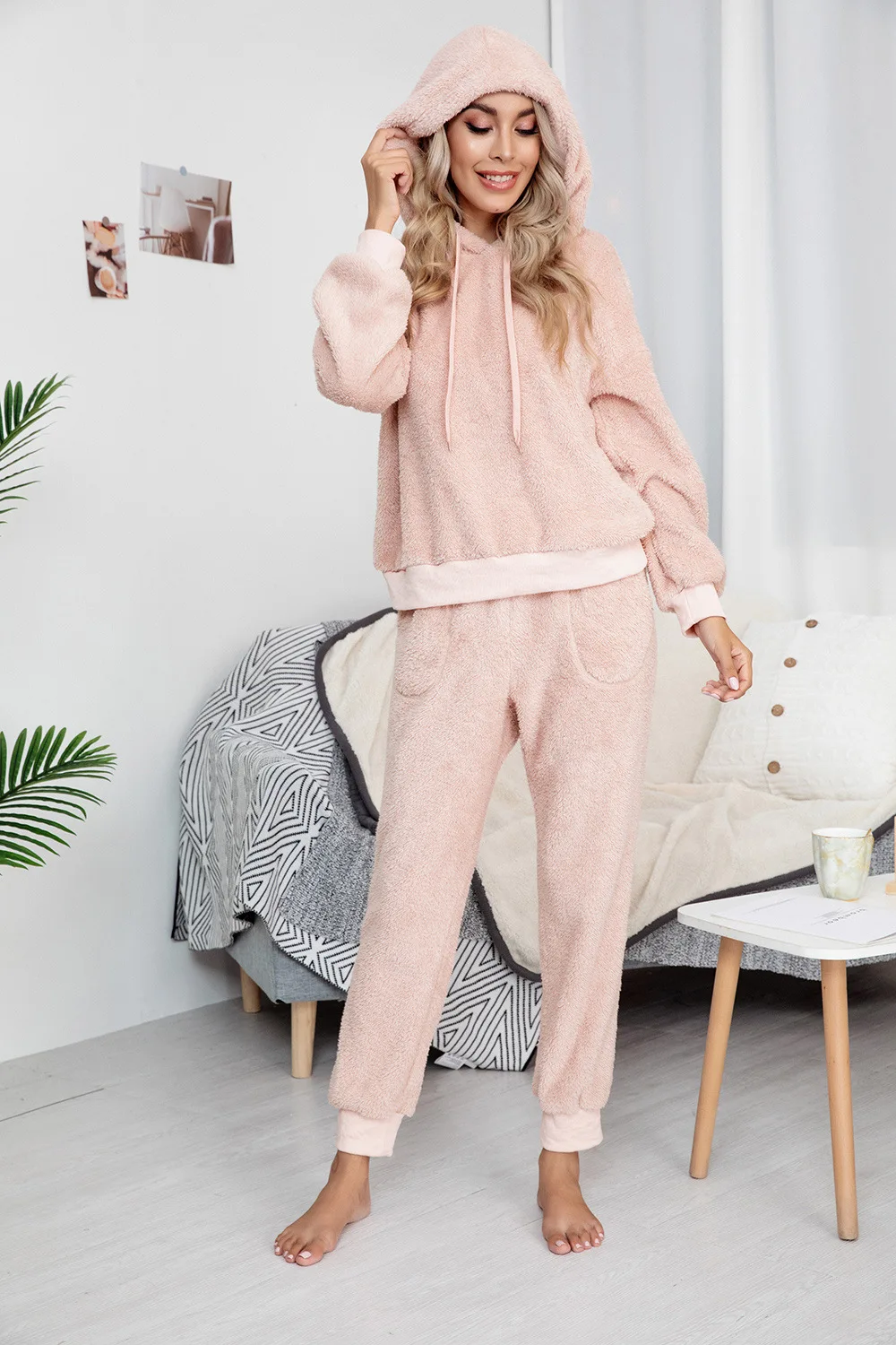 Women Loungewear Set Autumn Winter Fluffy Cozy Fleece Hooded Sweater Home Wear Two Piece Set Pajamas Suitwomen'S Loungewear Set