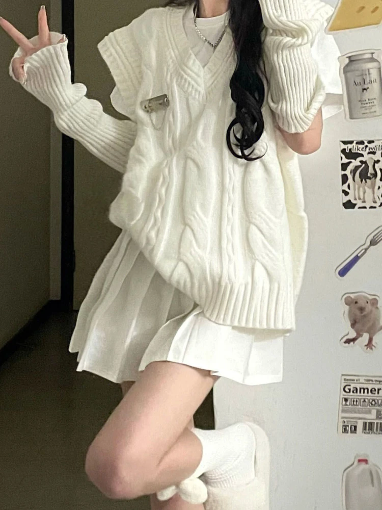 

Deeptown Preppy Style White Knitted Sweater Vest Women Harajuku V-neck Sleeveless Jumper Sweet Loose Casual All-match Tops Y2K