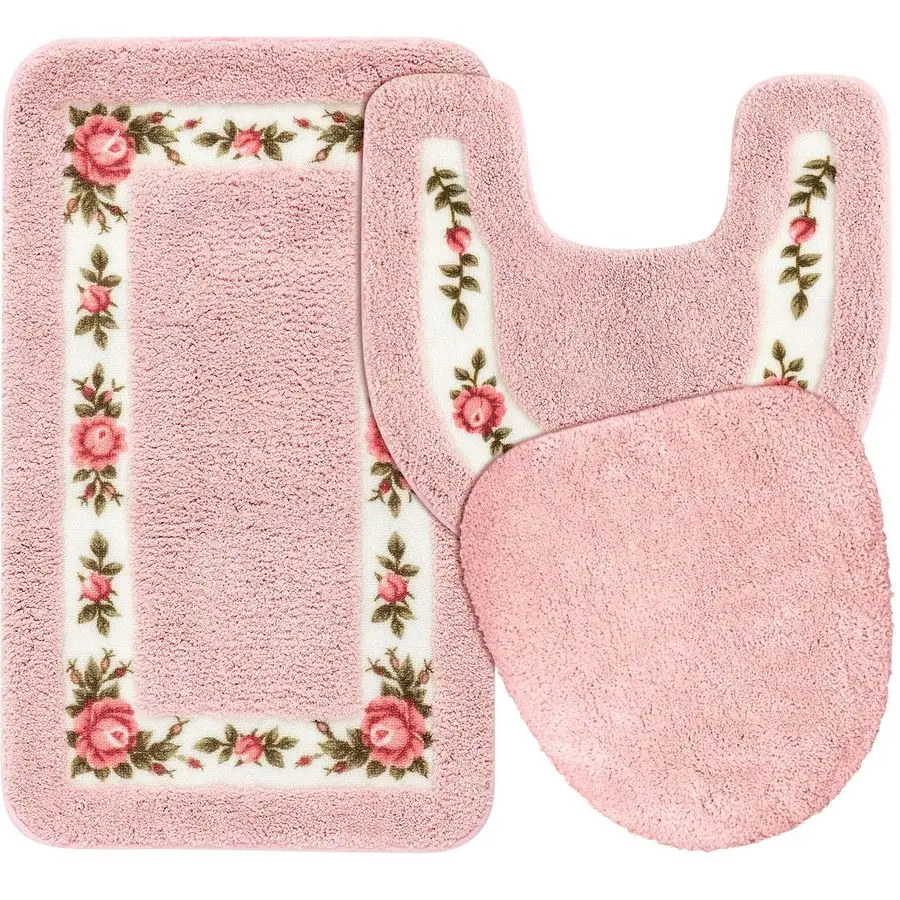 Rose Floral Bath Rug Set - rectangular mat
