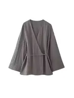 Women's Textured Crossover Kimono Blouses, Side Ties, Long Sleeves, Loose, Female Shirts, Chic Tops, Fashion