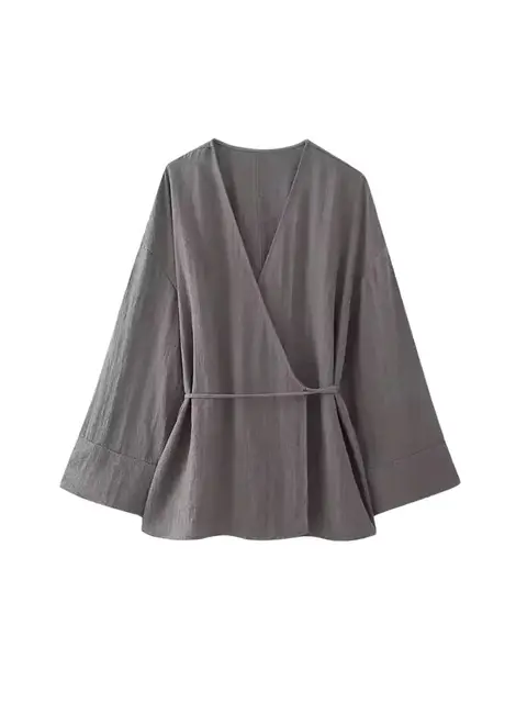 Women's Textured Crossover Kimono Blouses, Side Ties, Long Sleeves, Loose, Female Shirts, Chic Tops, Fashion