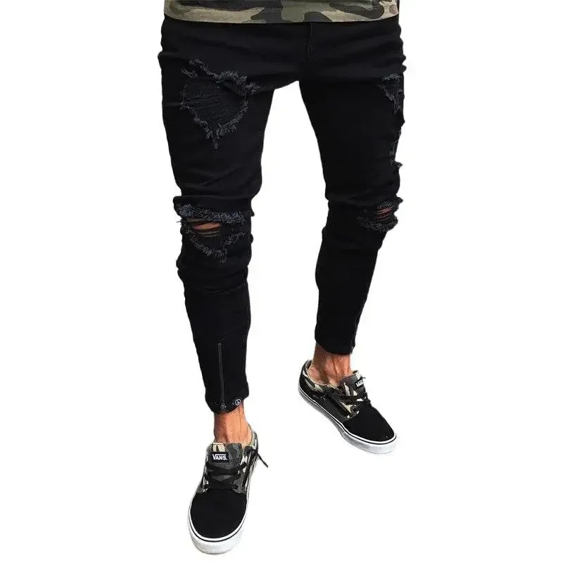 Mens Jeans Ripped Stretch Zipper Trousers ripped jeans,ripped patchwork jeans