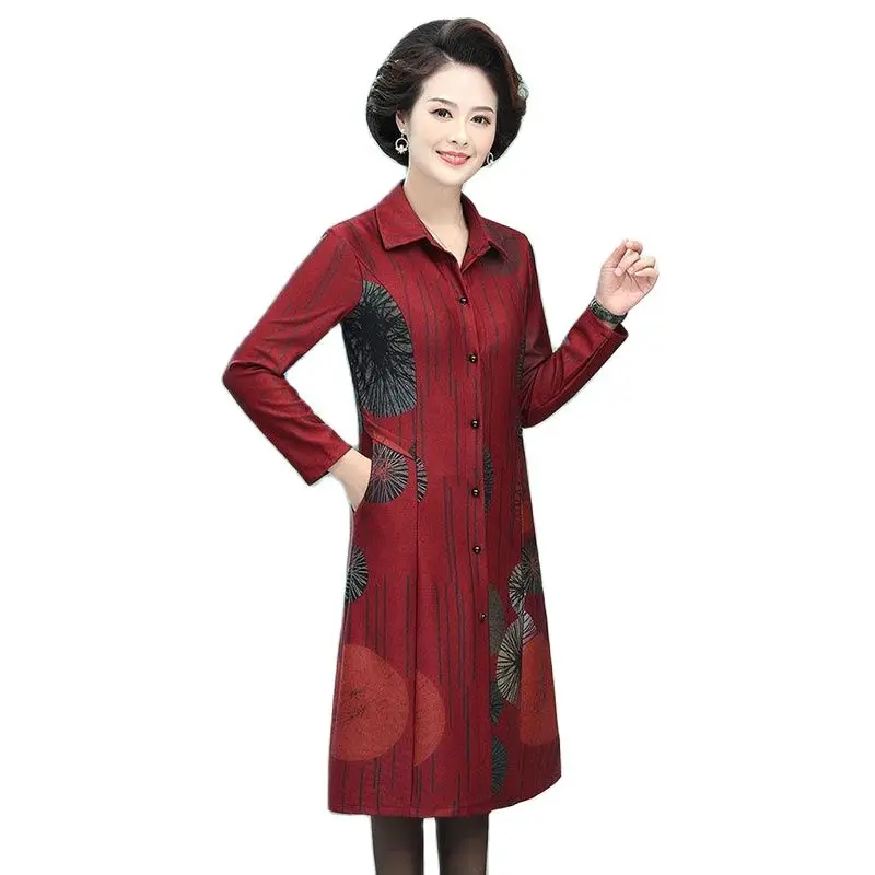 

Middle-aged And Elderly Women's New Windbreaker Fleece Mother Autumn And Winter Printing National Style Long Over-the-Knee Coat