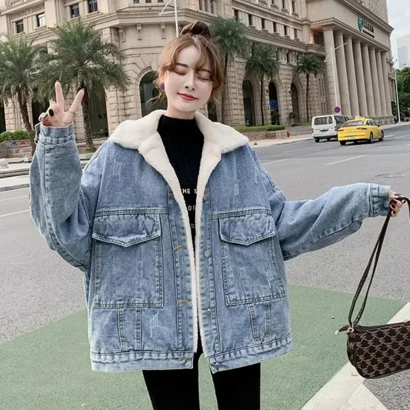 

Womens Cotton Clothes Korean Style Oversized Winter Fashion Lambswool Jean Denim Jackets Casual Thick Warm Winter Coat for Women