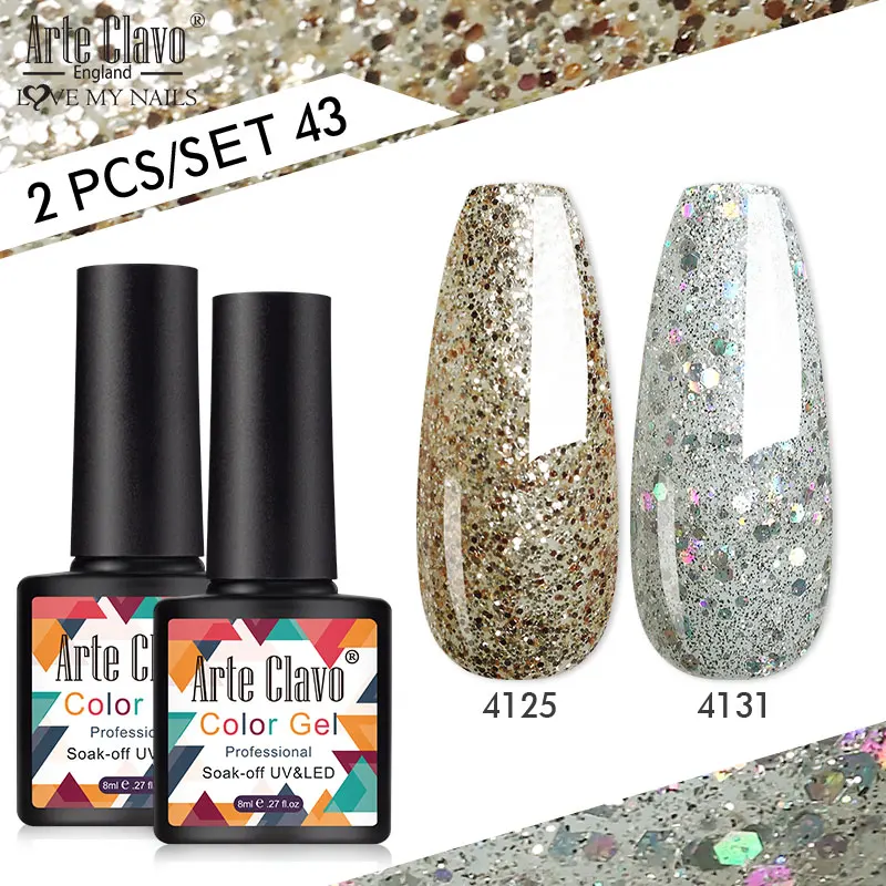 Arte Clavo 네일 젤 광택제 네온 컬러 글리터, 반영구 흡수 젤, UV LED 바니시 키트, 8ml, 2 개 세트