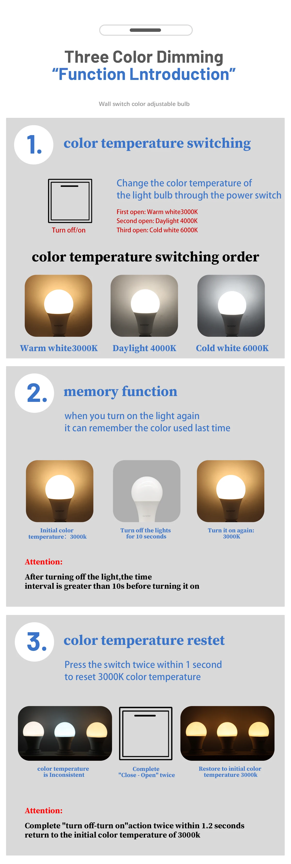 Description Picture 3 of item6pcs LED light Bulb Colour Changing Light CCT(3000K 4000K 6000K) E27 B22 E14 GU10 GU5.3 Base spotlight for home living room