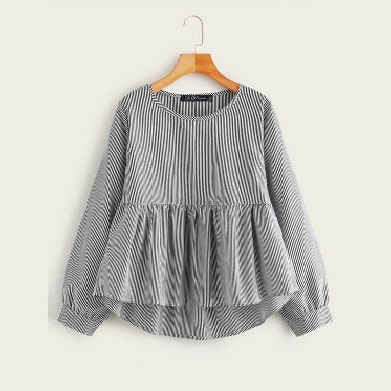 ZANZEA Women Long Sleeve Round Neck Shirts Korean Striped Blouse Autumn 2024 Pleating Tunics Casual Loose Pleated Peplum Tops