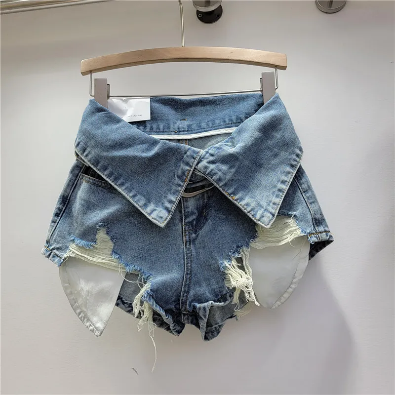 

Hot Girl Retro Tattered Jeans Jeans Women's Spring High Waist Figure Flattering Shorts Small Wide-Leg Pants Ins Fashion