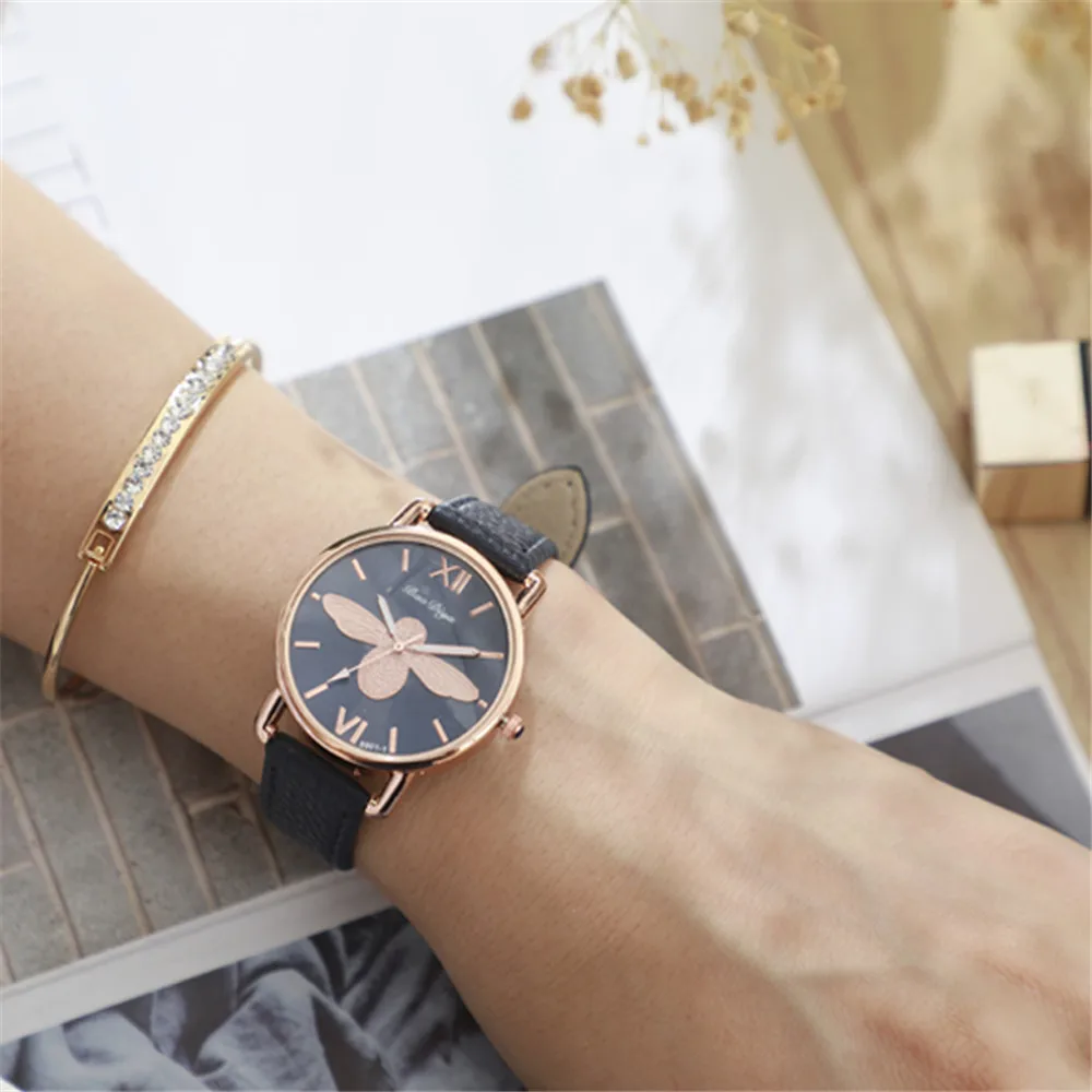 Fashion Casual Female Quartz Clock Simple Little Bee Design Women Watches Vintage Green Leather Ladies Luxury Wristwatches images - 6