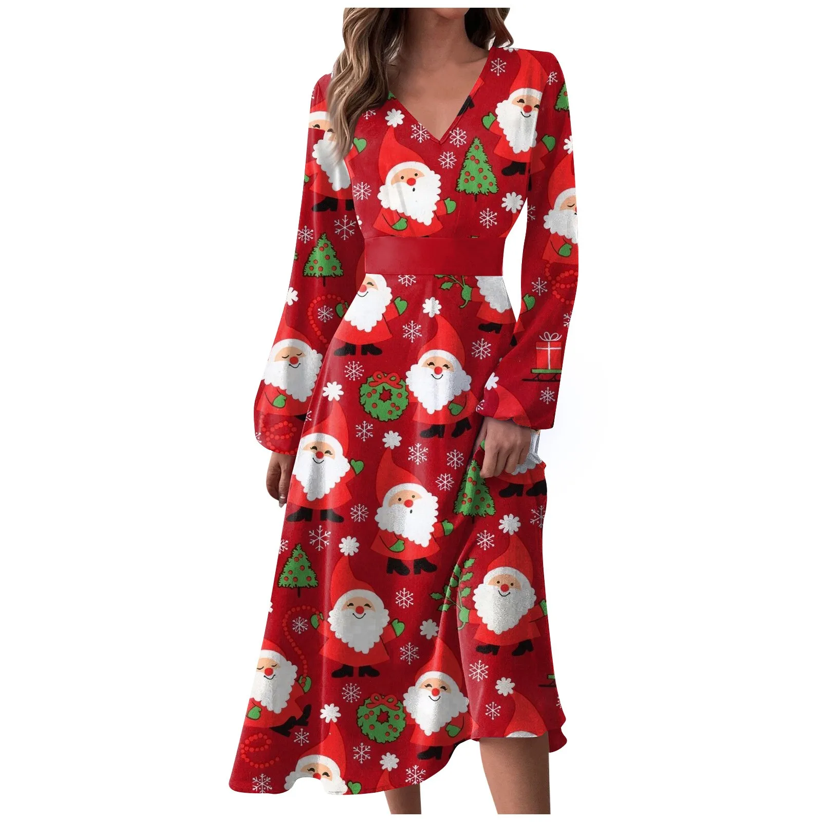 

Christmas New Year Red Midi Dress Casual V Neck Long Sleeve A Line Elegant Snowflake Snowman Deer Print Dresses Red Santa Claus